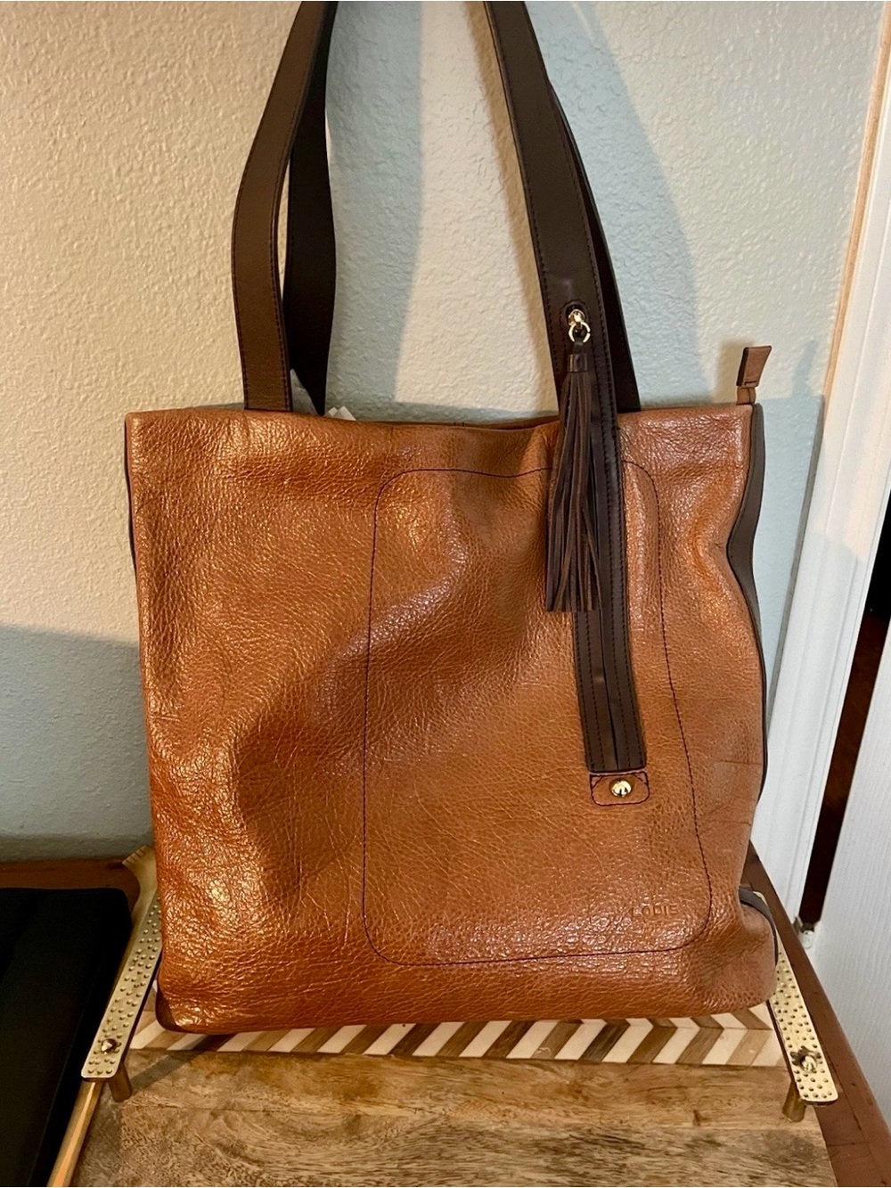 Vintage Lodis Large Handbag Brown Leather with Tassel Zipper Shoulder Strap